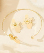 Art Gold Copper Alloy Floral Stud Earrings And Choker Two-Piece Set