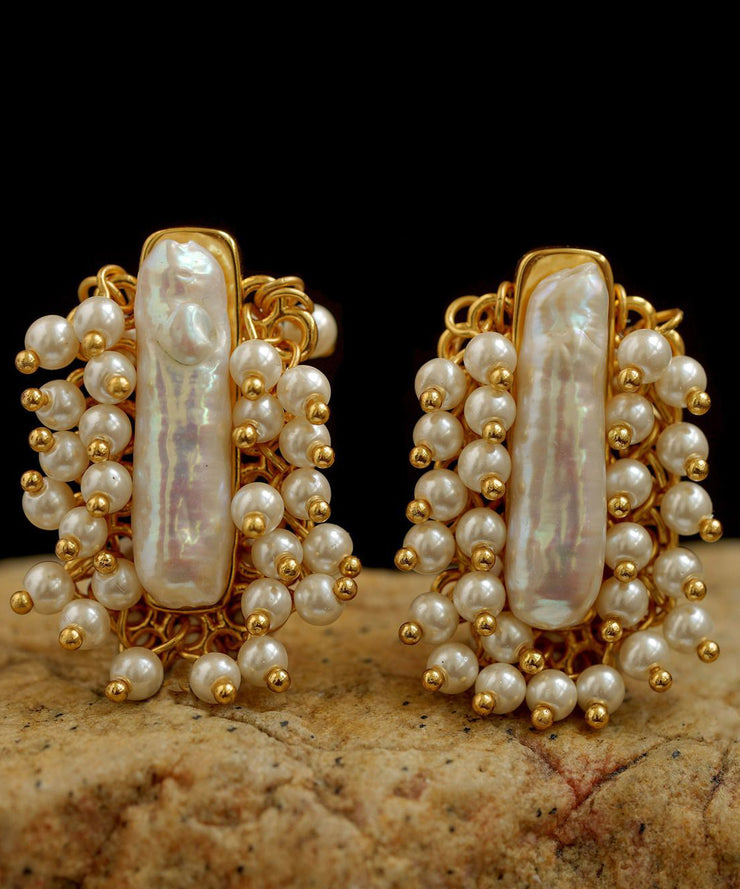 Art Gold Copper Overgild Pearl Stud Earrings