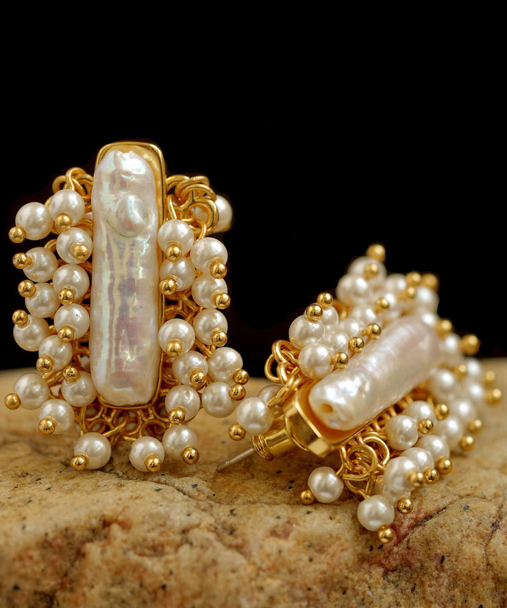 Art Gold Copper Overgild Pearl Stud Earrings