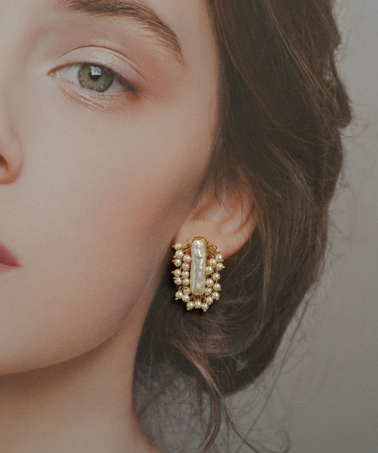 Art Gold Copper Overgild Pearl Stud Earrings
