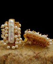 Art Gold Copper Overgild Pearl Stud Earrings