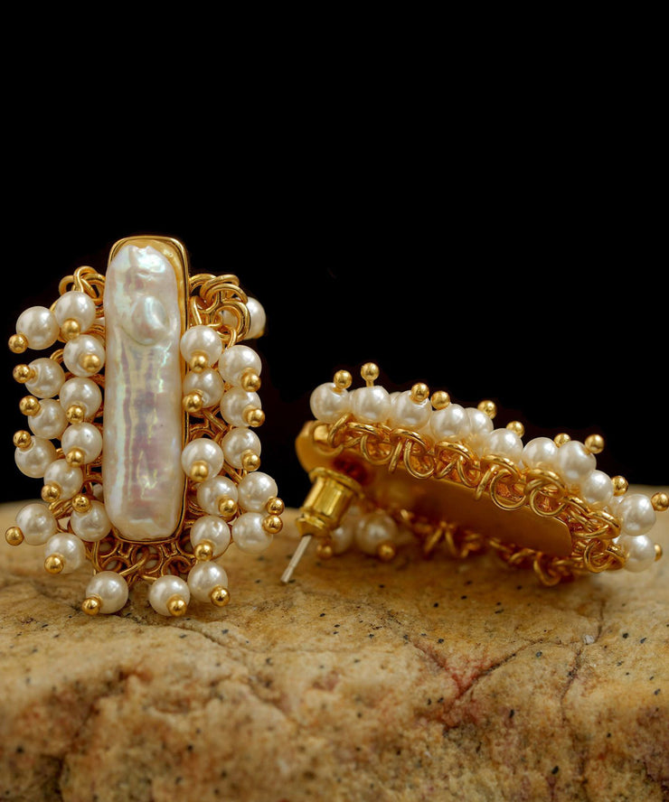 Art Gold Copper Overgild Pearl Stud Earrings