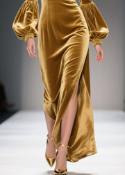 Art Golden Bustier Top Side Open Silk Velvet Maxi Dresses Lantern Sleeve