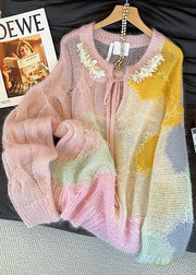 Art Gradient Color Lace Up Hollow Out Knit Top Fall
