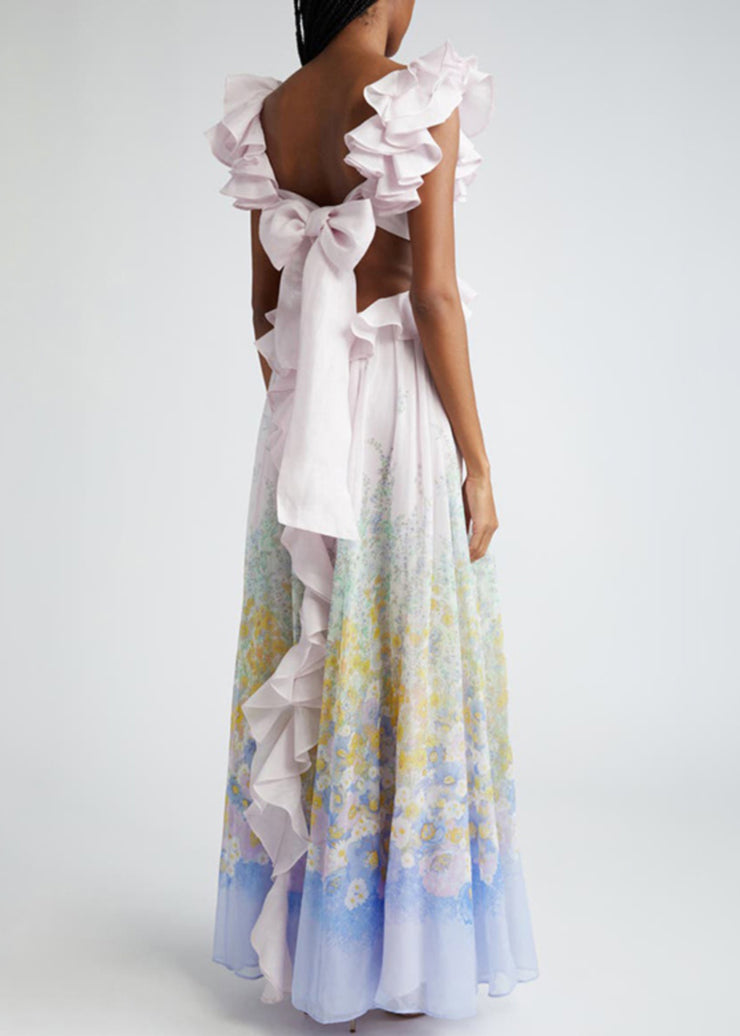 Art Gradient Color Ruffled Print Pockets Cotton Long Dress Summer