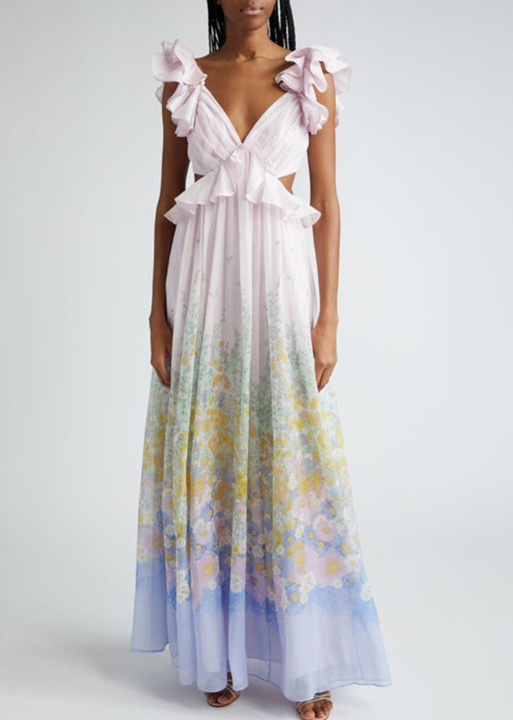 Art Gradient Color Ruffled Print Pockets Cotton Long Dress Summer
