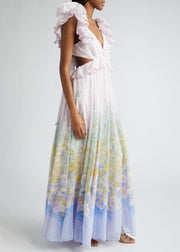 Art Gradient Color Ruffled Print Pockets Cotton Long Dress Summer