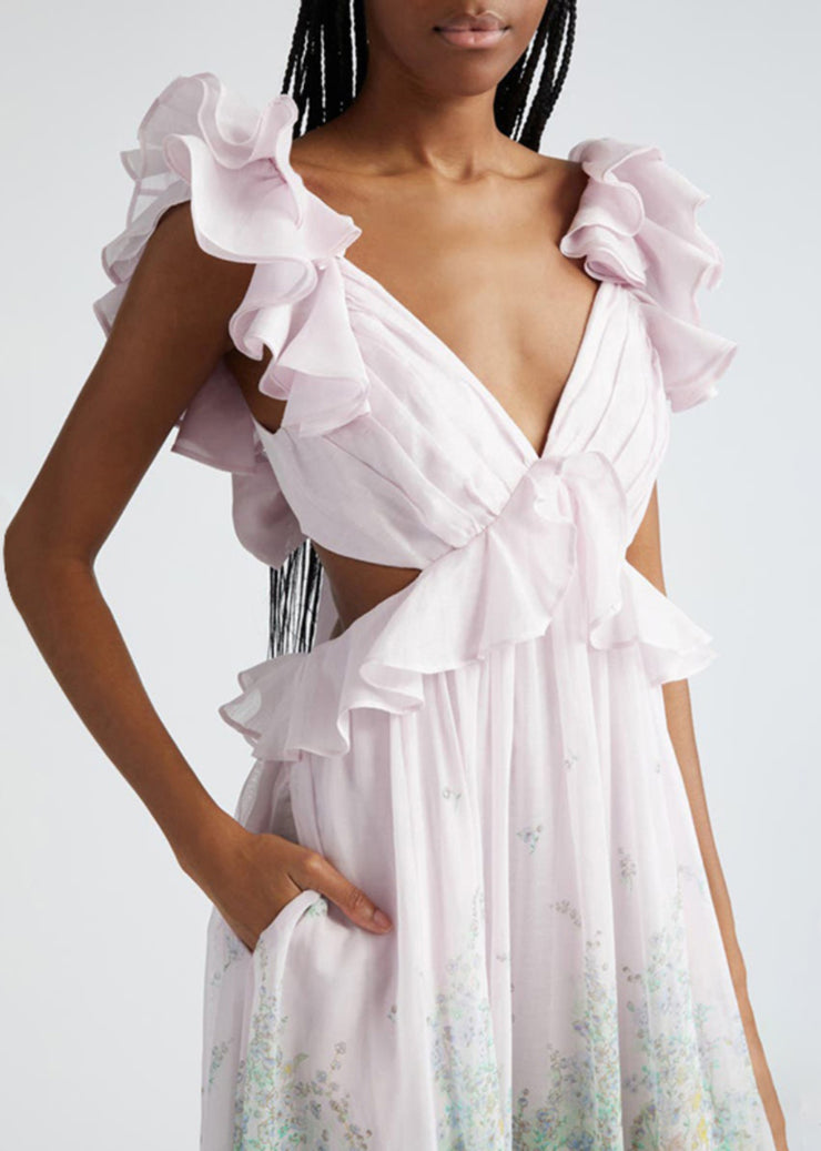 Art Gradient Color Ruffled Print Pockets Cotton Long Dress Summer