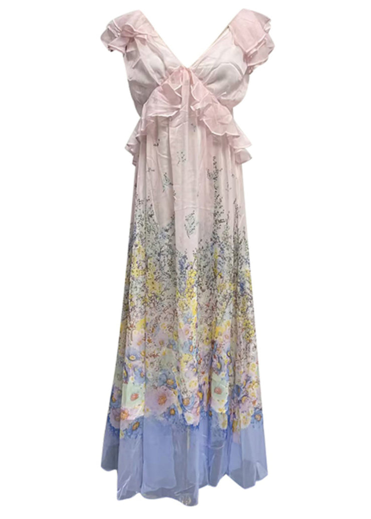 Art Gradient Color Ruffled Print Pockets Cotton Long Dress Summer