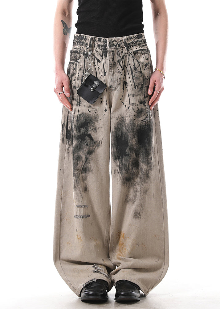 Art Graffiti Pockets High Waist Denim Men Wide Leg Pants Fall