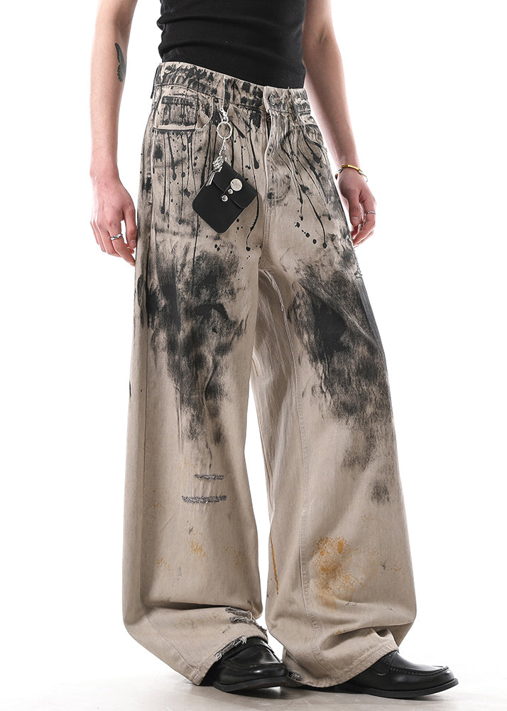 Art Graffiti Pockets High Waist Denim Men Wide Leg Pants Fall