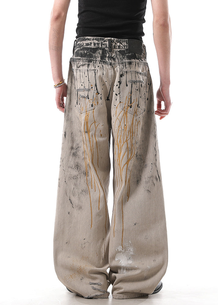 Art Graffiti Pockets High Waist Denim Men Wide Leg Pants Fall