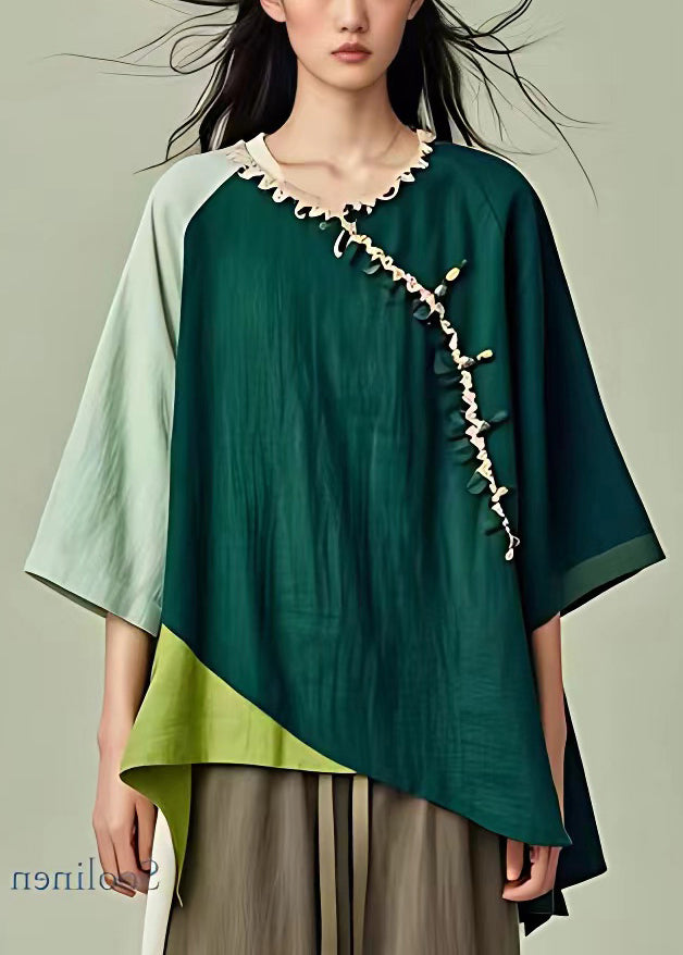 Art Green Asymmetrical Patchwork Linen Shirt Half Sleeve