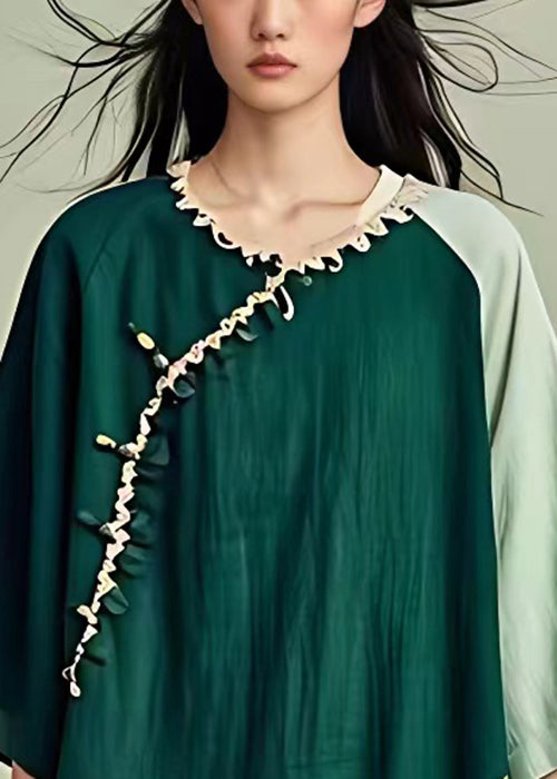 Art Green Asymmetrical Patchwork Linen Shirt Half Sleeve