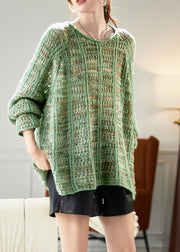 Art Green Cozy Hollow Out Cotton Knit Sweaters Batwing Sleeve