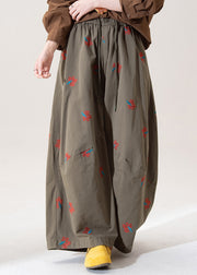 Art Green Embroidered Elastic Waist Cotton Wide Leg Pants Fall