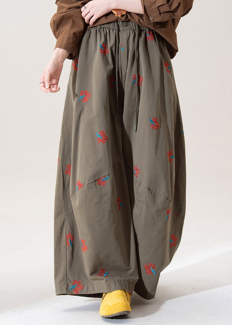 Art Green Embroidered Elastic Waist Cotton Wide Leg Pants Fall