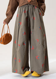 Art Green Embroidered Elastic Waist Cotton Wide Leg Pants Fall