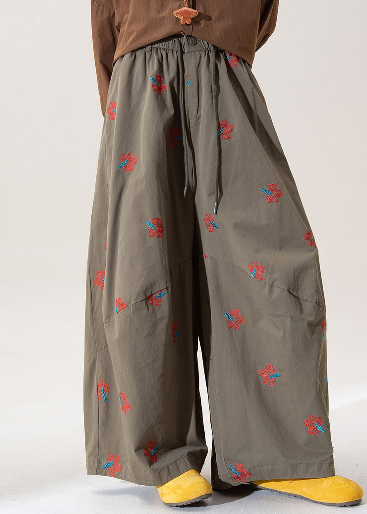 Art Green Embroidered Elastic Waist Cotton Wide Leg Pants Fall