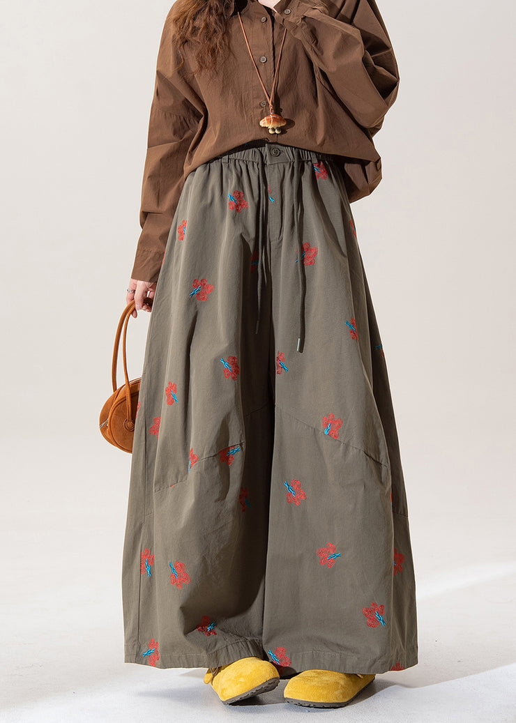 Art Green Embroidered Elastic Waist Cotton Wide Leg Pants Fall