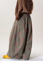 Art Green Embroidered Elastic Waist Cotton Wide Leg Pants Fall