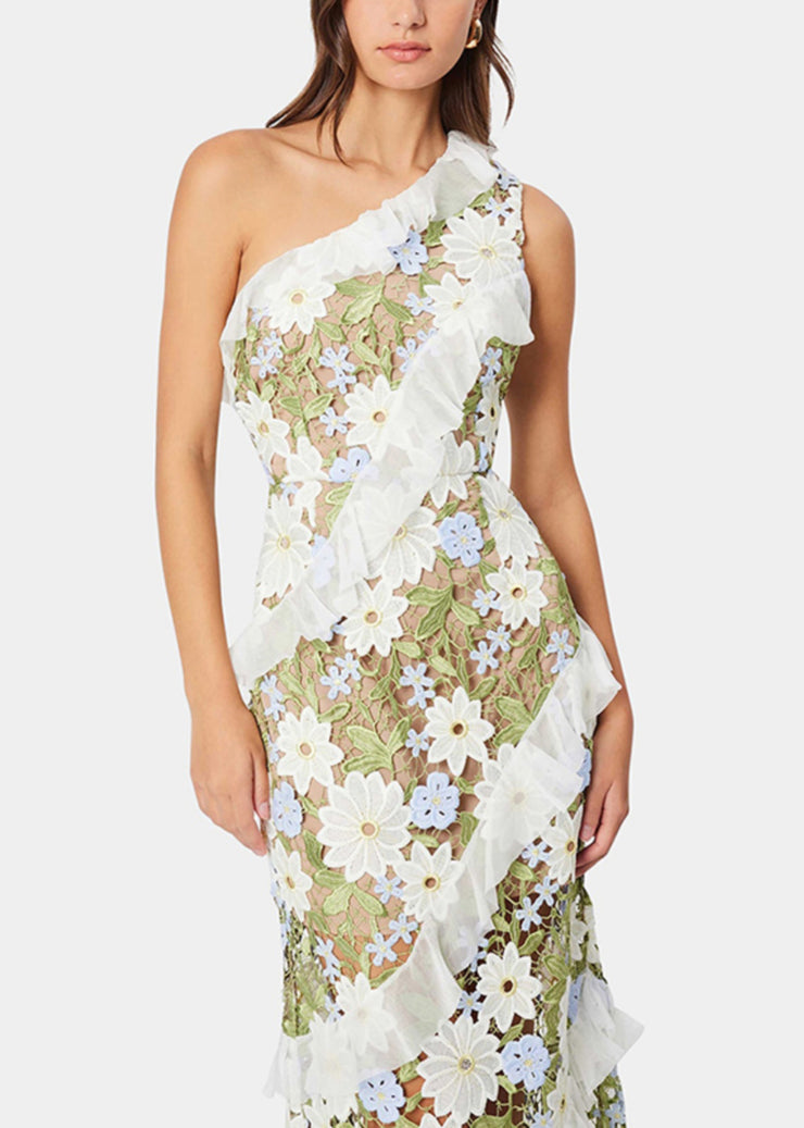 Art Green Embroidered Floral Ruffled Long Dresses Sleeveless