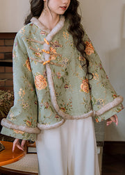 Art Green Fur Collar Button Patchwork Warm Fleece Parka