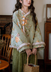 Art Green Fur Collar Button Patchwork Warm Fleece Parka