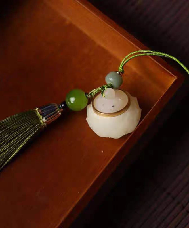 Art Green Hand Woven Jade Hollow Out Lotus Tassel Phone Chains