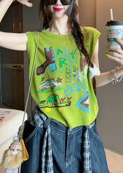 Art Green O Neck Print Cotton Tank Sleeveless