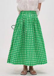 Art Green Plaid Elastic Waist Cotton A Line Skirts Summer