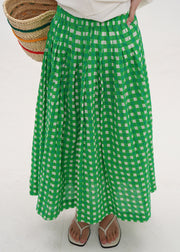 Art Green Plaid Elastic Waist Cotton A Line Skirts Summer