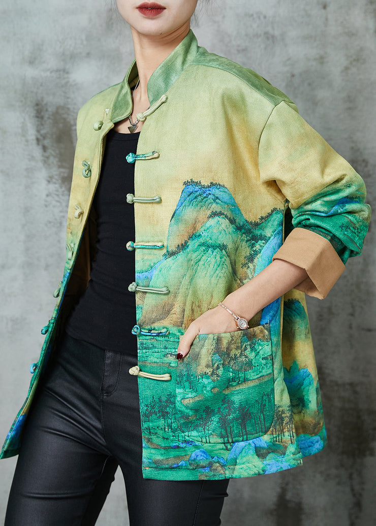 Art Green Print Chinese Button Silk Jacket Spring