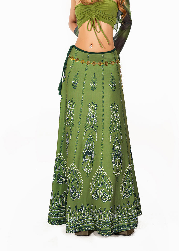 Art Green Print High Waist A Line Skirt Summer