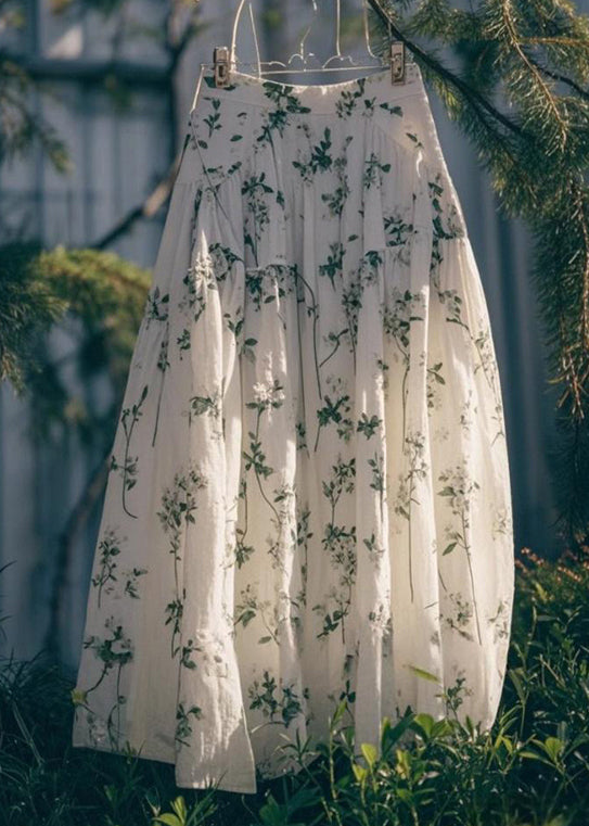 Art Green Print High Waist Cotton Skirt Summer