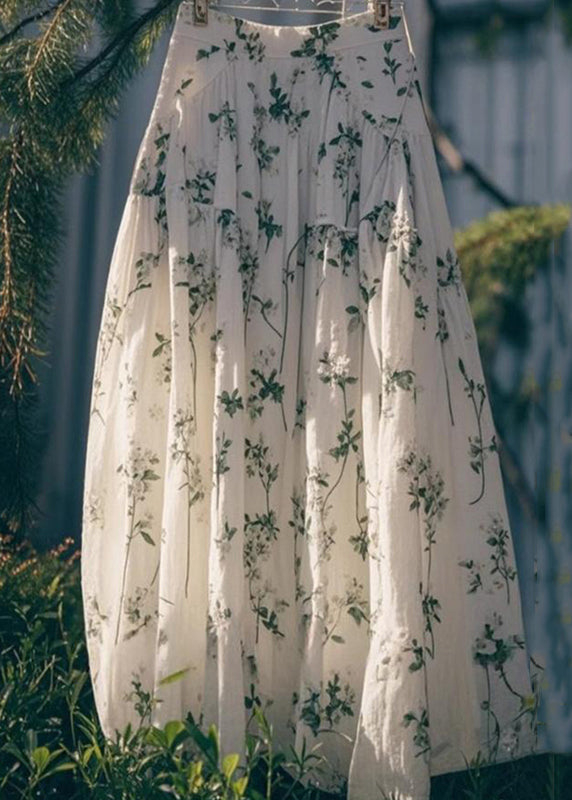 Art Green Print High Waist Cotton Skirt Summer