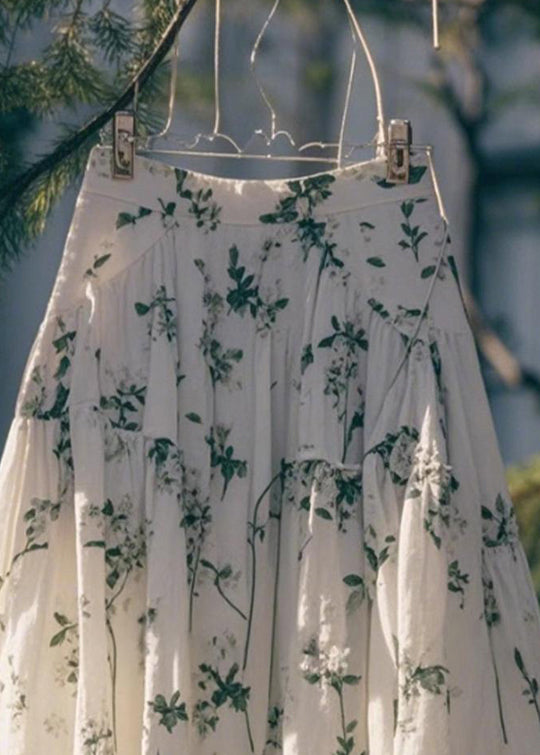 Art Green Print High Waist Cotton Skirt Summer