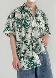 Art Green Print Pockets Cotton Men Shirt Summer
