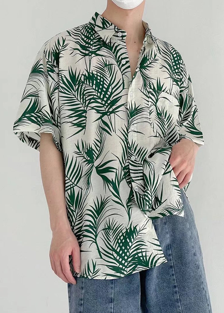 Art Green Print Pockets Cotton Men Shirt Summer