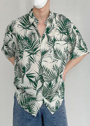 Art Green Print Pockets Cotton Men Shirt Summer