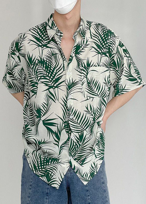 Art Green Print Pockets Cotton Men Shirt Summer