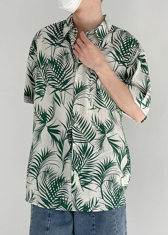 Art Green Print Pockets Cotton Men Shirt Summer