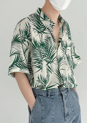 Art Green Print Pockets Cotton Men Shirt Summer