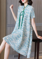 Art Green Print Stand Collar 2025 Silk Holiday Dress Short Sleeve