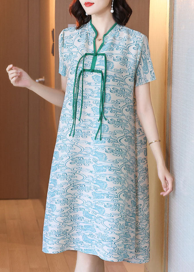 Art Green Print Stand Collar 2025 Silk Holiday Dress Short Sleeve
