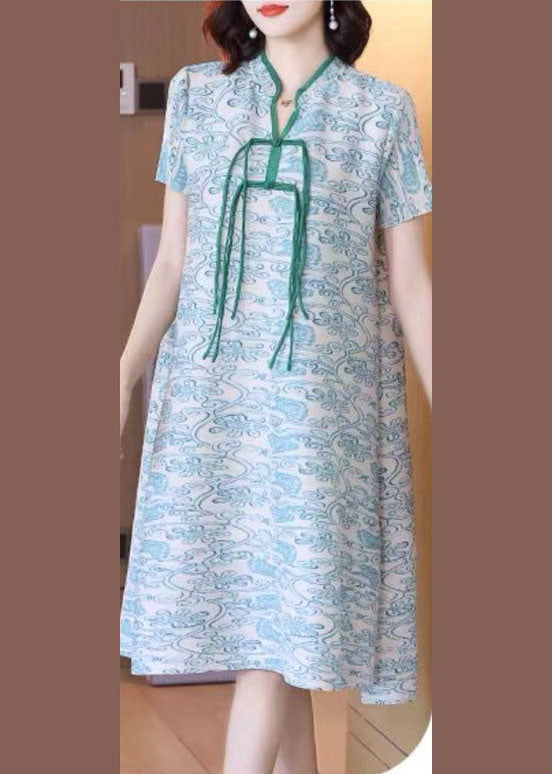 Art Green Print Stand Collar 2025 Silk Holiday Dress Short Sleeve
