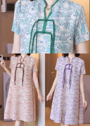 Art Green Print Stand Collar 2025 Silk Holiday Dress Short Sleeve