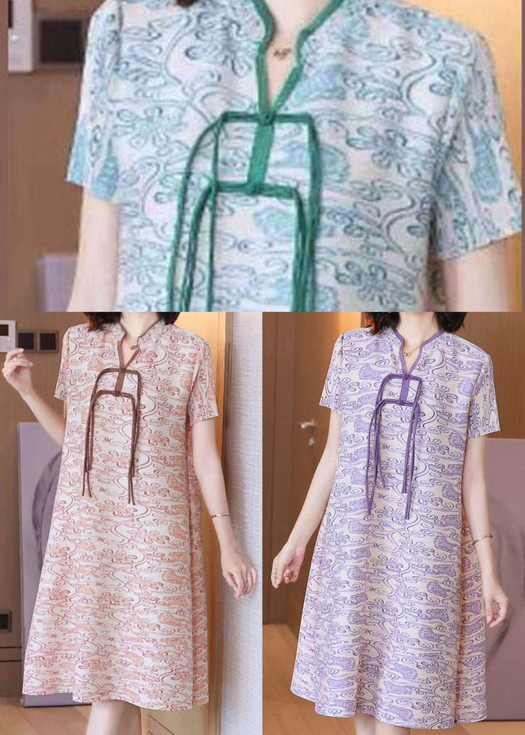 Art Green Print Stand Collar 2025 Silk Holiday Dress Short Sleeve