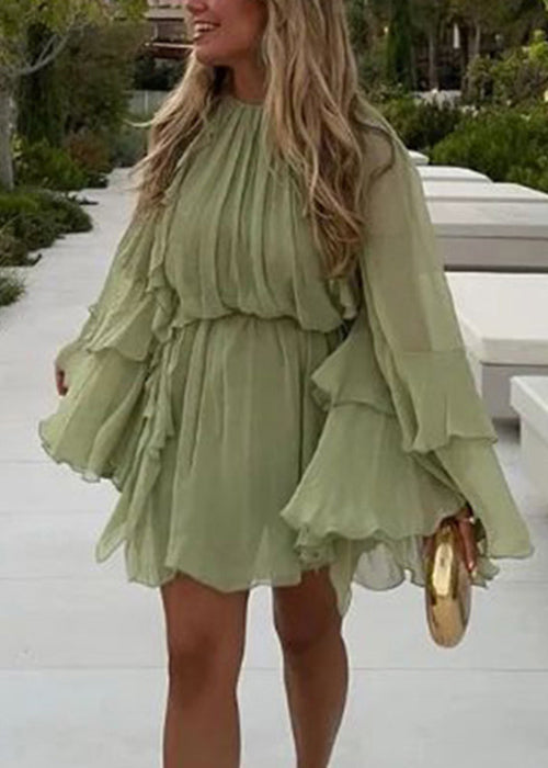 Art Green Ruffled Solid Chiffon Mini Dress Fall