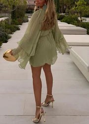 Art Green Ruffled Solid Chiffon Mini Dress Fall